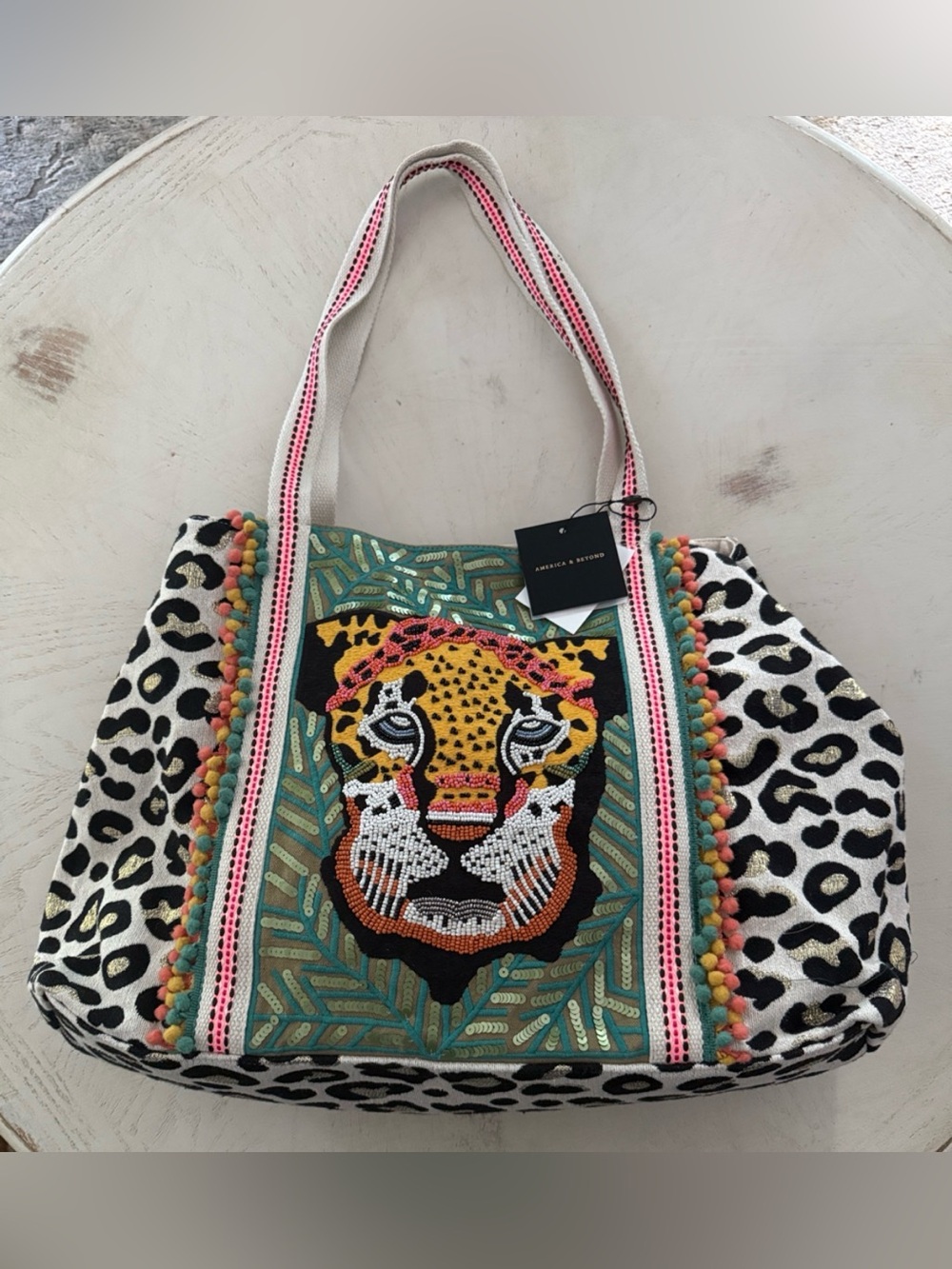 American and Beyond Ex Lg Sparkly Beaded Sequins Leopard Print Tote Bag